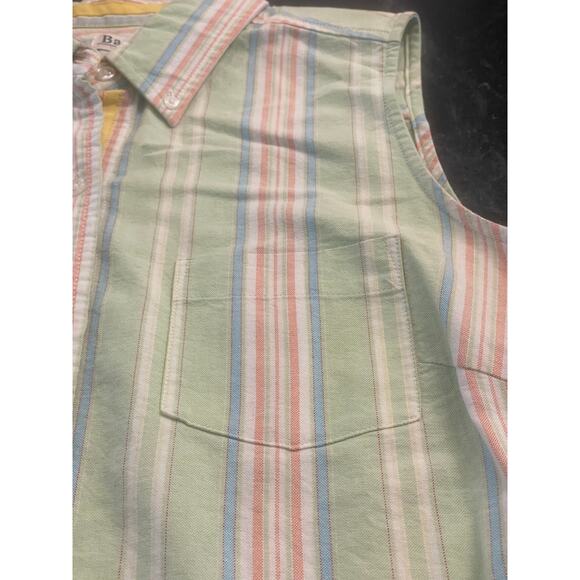 BASS Sleeveless button up Camp Shirt mint green/pink stripe Small 100% Cotton - Picture 8 of 8